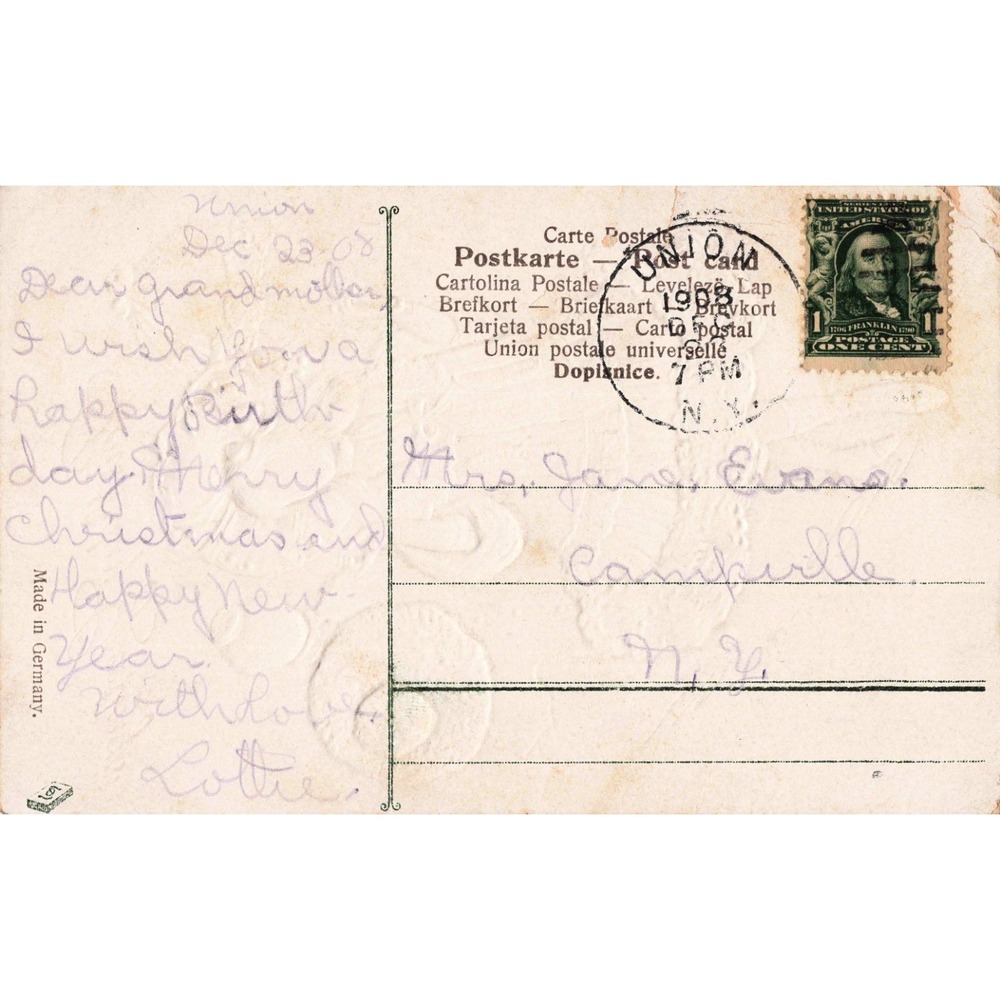 Antique 1908 Birthday Greetings Postcard Girl Parasol Embossed Made in Germany - Picture 2 of 2